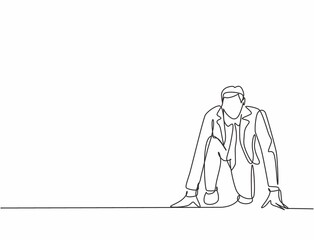 One continuous single line drawing of young happy businessman gets ready to doing sprint run on running track, from front view. Business race concept trendy single line draw design vector illustration