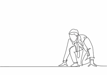 One single line drawing of employee of company get ready on start line to do sprint race. Business running competition concept. Trendy continuous line draw design vector graphic illustration