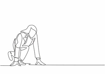 Single continuous single line drawing of young happy businesswoman get ready to sprint run on running track, from side view. Business race competition concept one line draw design vector illustration
