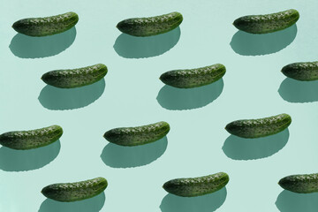 Cucumber  vegetable  pattern. Colorful of fresh cucumber on blue background.  Photography collage. Minimal summer vegetables pattern