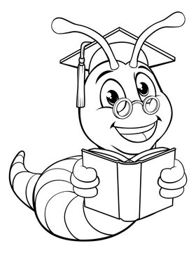 A bookworm cute cartoon worm in black and white outline like a kids coloring book page