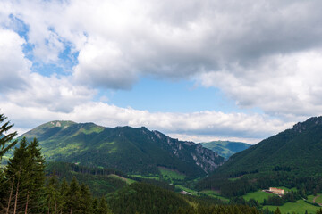Mountain green valley village landscape. Mountain valley town panorama