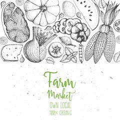Healthy food vector illustration. Farm market products hand drawn. Organic food set. Engraved style elements for design.