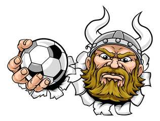A viking soccer football sports mascot cartoon character holding a ball