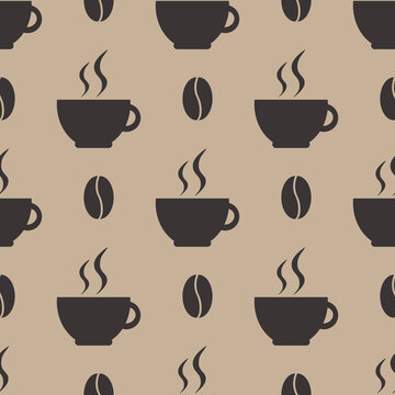 Seamless pattern with cups on brown background. Vector illustration