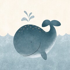 Cute blue whale in the sea. children's illustration. Poster option for children, postcards. © Olga