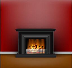 classic black fireplace with a blazing fire for interior design in sandy or hygge style on red background