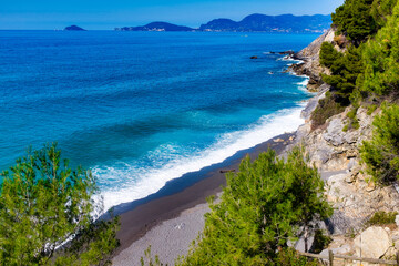 Panorama from the beach of Punta Corvo Montemarcello on the Gulf of La Spezia Liguria Italy