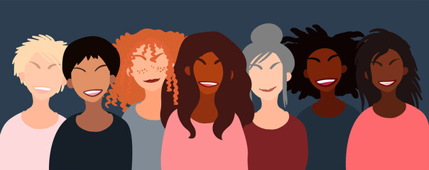 Group of happy smiling women of different race together. Flat style vector illustration. Feminism diversity tolerance girl power concept.
