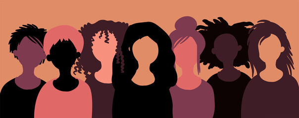 Obraz na płótnie Canvas Group of happy smiling women of different race together. Flat style vector illustration. Feminism diversity tolerance girl power concept.