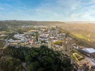 Aerial shoot of Obidos with historic walls and castle, Portugal