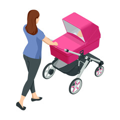 Isometric baby carriage isolated on a white background. Kids transport. Strollers for baby boys or baby girls. Woman with baby stroller walks. Theme of motherhood and fatherhood
