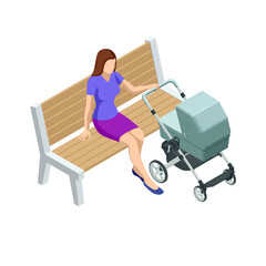 Isometric baby carriage isolated on a white background. Kids transport. Strollers for baby boys or baby girls. Woman with baby stroller walks. Theme of motherhood and fatherhood