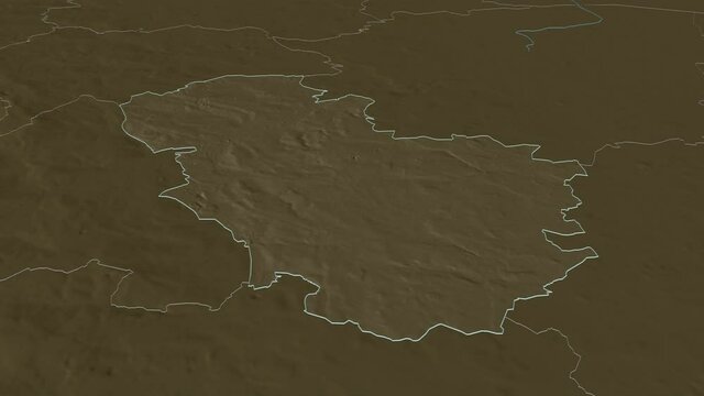 Rotherham, administrative county with its capital, zoomed and extruded on the administrative map of England in the conformal Stereographic projection. Animation 3D