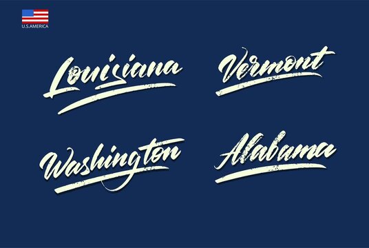 Set of the names of the states of America written with a brush.