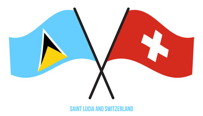 Saint Lucia and Switzerland Flags Crossed And Waving Flat Style. Official Proportion. Correct Colors