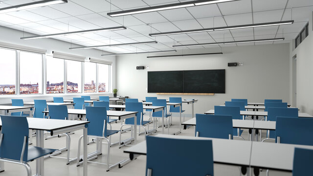 Leeres Klassenzimmer einer Schule mit Schreibtischen
