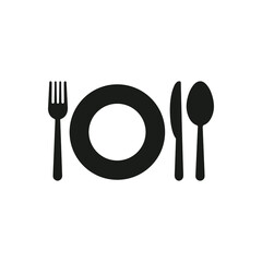 Flat icon design of plate, knife, and fork Minimalism. Vector illustration on white background Dinner theme with creative symbol. EPS 10