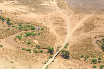 Aerial view of the Brown River in the Shompole conservancy area in the Great Rift Valley, near Lake Magadi, Kenya.