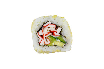 Uramaki sushi roll with surimi isolated on white background
