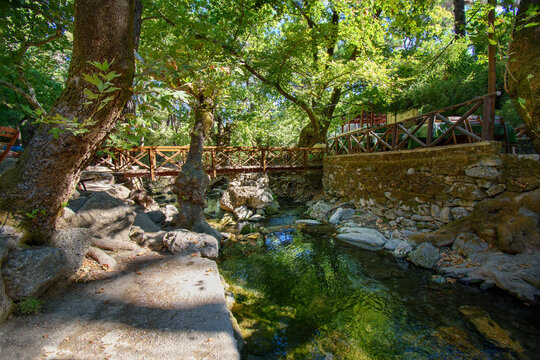 Wooden bridge over small Loutanis river in Seven spring (Epta Piges) in forest near Kolymbia (Rhodes, Greece)