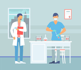 Two laboratory assistants making scientific research in modern clinic. Scientists in white medical coats working with tubes, make experiments, exploring tests. Vector illustration in flat style