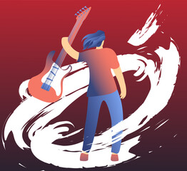 A dynamic guy with long hair is standing with his back, holding an electric guitar, against the background of movement. Music festival concept, concert banner.
