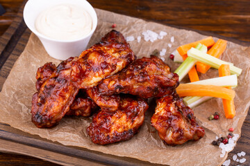 Chicken wings, served with sour cream and sticks of cucumbers and carrots, with spices