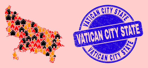 Fire disaster and realty collage Uttar Pradesh State map and Vatican City State corroded seal. Vector collage Uttar Pradesh State map is designed of random burning homes.