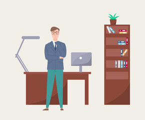 Man standing and thinking, office interior, wooden desktop with computer and lamp, locker with books and plant, worker full length view, workplace vector
