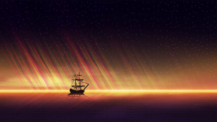 Evening seascape with a beautiful orange sunset over the sea horizon, starry sky and a ship on the horizon