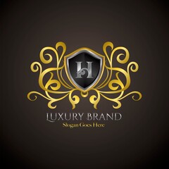 Luxury Shield Logo Letter H Golden Color Vector Design Concept Crown Royal Brand