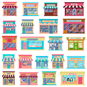 Set of illustration of exterior facade store building.Collection of the facades of the shopsgrocery, household, furniture, pharmacy isolated on a white background.Vector illustration in flat style