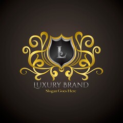 Luxury Shield Logo Letter L Golden Color Vector Design Concept Crown Royal Brand