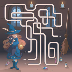 Labyrinth. Maze game for kids. Help cute cartoon witch find path to her broom. Vector illustration.