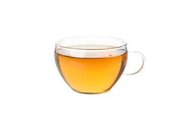 Glass cup of chamomile tea isolated on white background