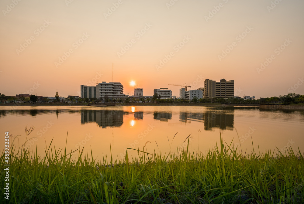 Sticker Sunset with lake in Public Park landscape