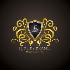 Luxury Shield Logo Letter S Golden Color Vector Design Concept Crown Royal Brand