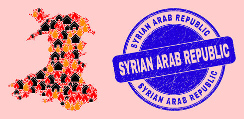 Fire hazard and buildings collage Wales map and Syrian Arab Republic corroded stamp seal. Vector collage Wales map is done from scattered burning homes.