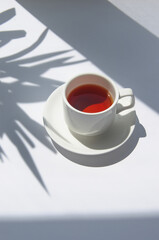 White cup of white tea in the morning with palm tree shadow