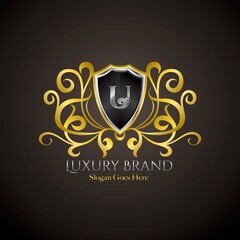 Luxury Shield Logo Letter U Golden Color Vector Design Concept Crown Royal Brand
