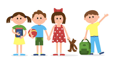 Set of happy kids. Children are holding books and briefcases. Cartoon isolated vector illustration on white background