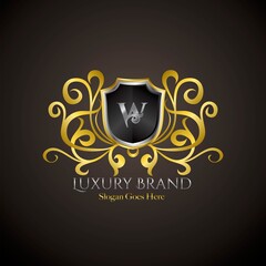 Luxury Shield Logo Letter W Golden Color Vector Design Concept Crown Royal Brand