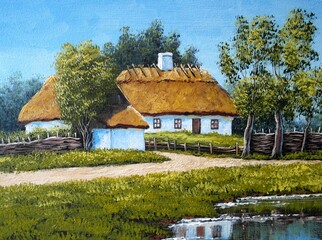 Fototapeta na wymiar Oil paintings landscape, fine art, old house in the countryside
