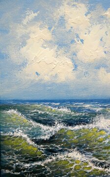 Oil paintings landscape, fine art, view of the sea from the sea