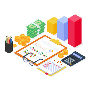 Financial equipment analysis with diagram chart report and document with modern flat isometric style. Vector Illustration
