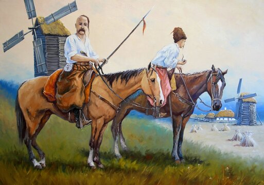 Oil paintings landscape, fine art, rural landscape. Cossacks on horses 
