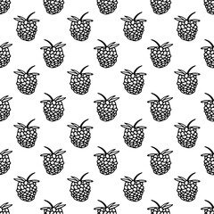 Raspberry hand drawn doodle style seamless pattern. textile, wallpaper, wrapping paper, berries, fruits, monochrome