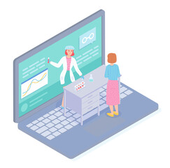 Isometric illustration of laptop with medical website. Patient check results of tests in laboratory assistant. Doctor holding flask with blood. Online consultation with physician, virtual medical help