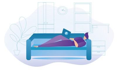 Freelancer working for home. Lying on the sofa and typing on the computer. Online home work in the living room. Flat vector design.